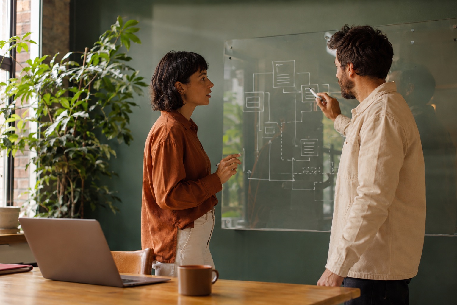 Illustrative image of two engineers discussing system architecture at a whiteboard