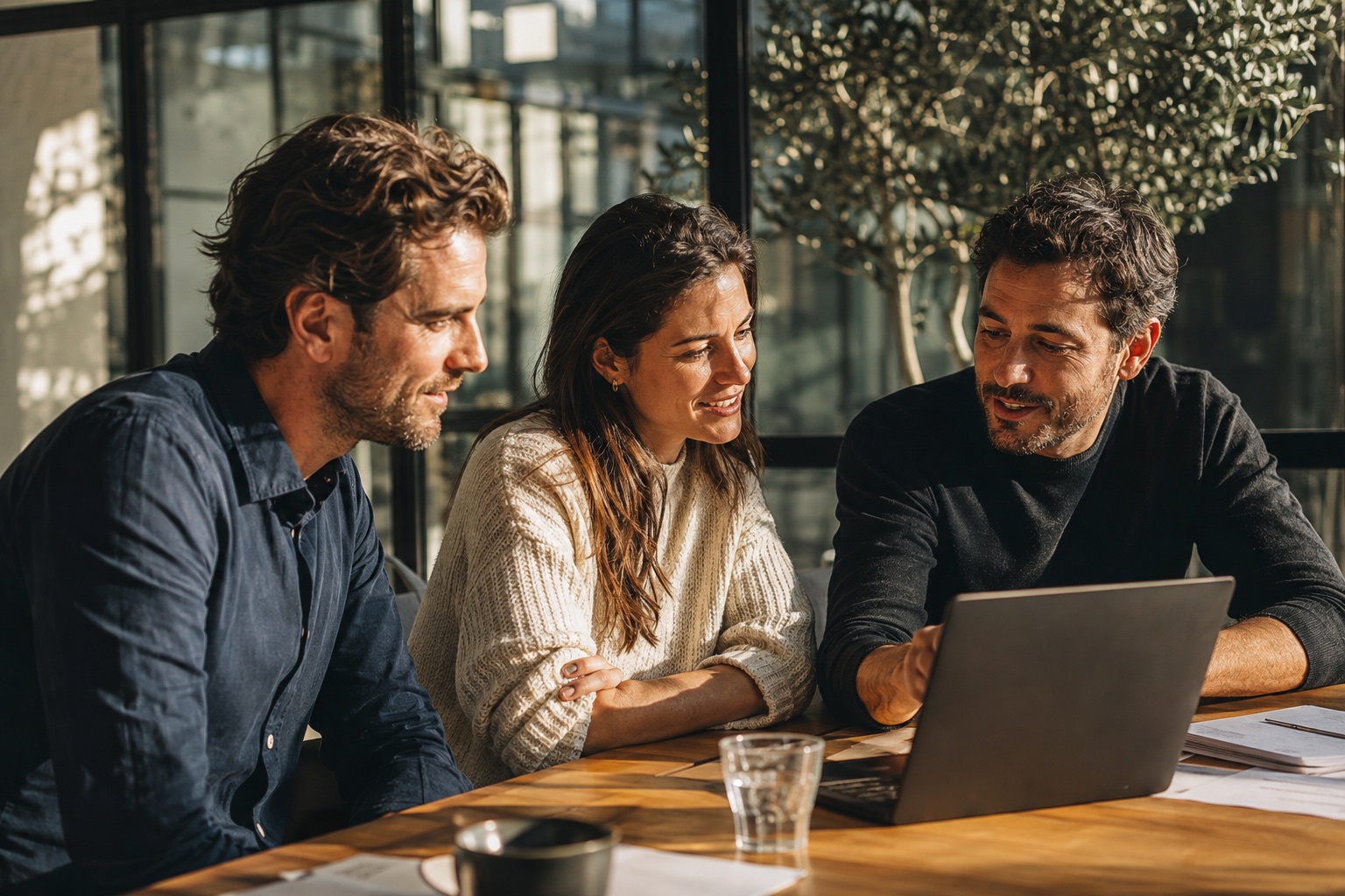 Illustrative scene of engineers collaborating around a laptop